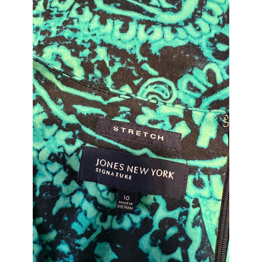 Jones New York Dress 10 Stretch Cotton Sheath Green Blue Paisley Washable - Picture 6 of 12